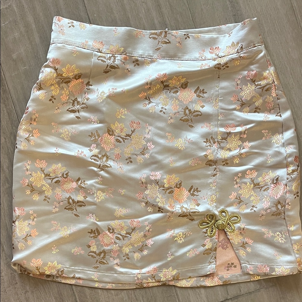 Satin Floral Mini Skirt in Light Blue and Gold